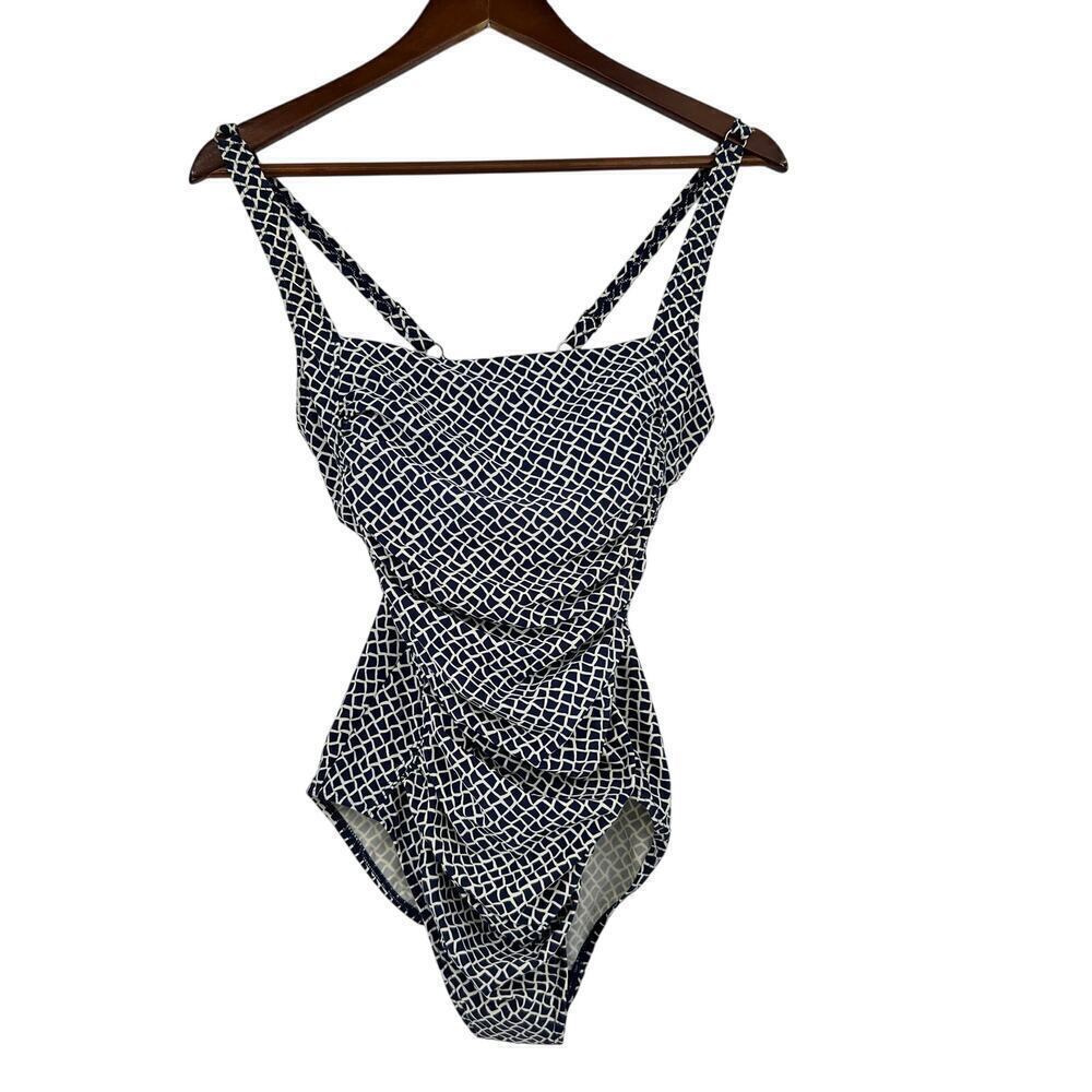 LL Bean Navy Blue & White geometric print square neck swimsuit SPF 50 size 12 - Picture 2 of 8